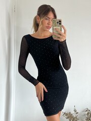 Style Cheat Black Hotfix Ruched Mesh Mini Dress - Image 1 of 4
