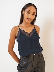 Navy Blue Lace Trim Strappy Cami Top - Image 1 of 5