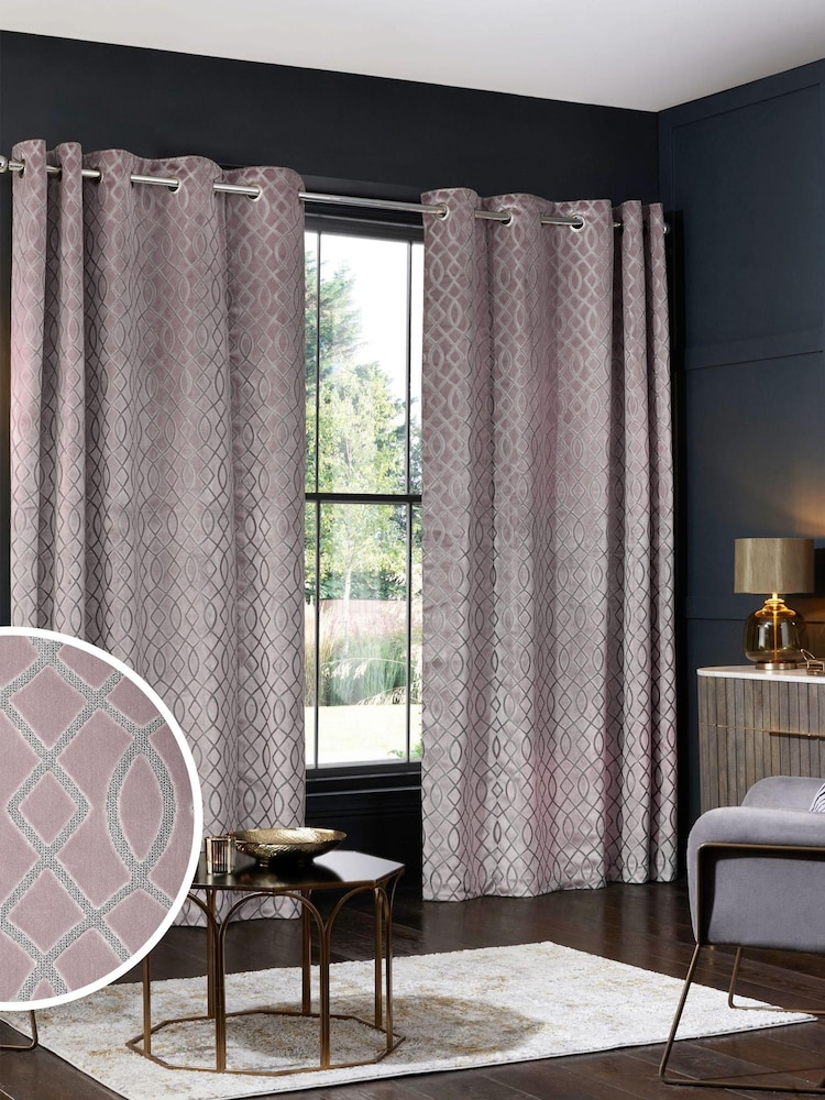 Blush Pink Next Collection Luxe Heavyweight Maeve Damask Velvet Eyelet Lined Curtains - Image 1 of 5