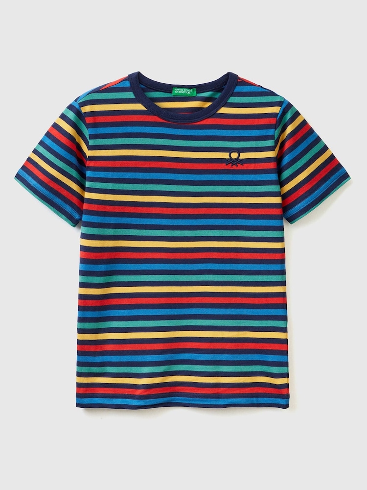 Benetton Boys Striped 100% Cotton Logo T-Shirt - Image 1 of 2