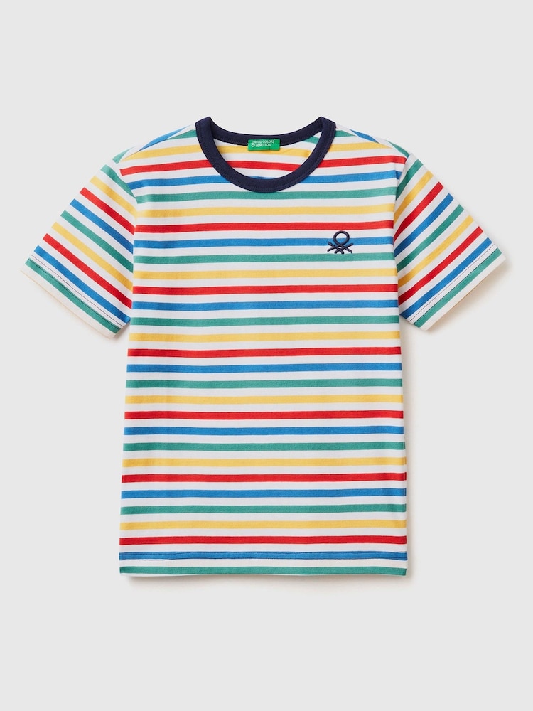 Benetton Boys Striped 100% Cotton Logo T-Shirt - Image 1 of 4