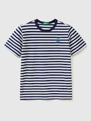 Benetton Boys Striped 100% Cotton Logo T-Shirt - Image 1 of 2