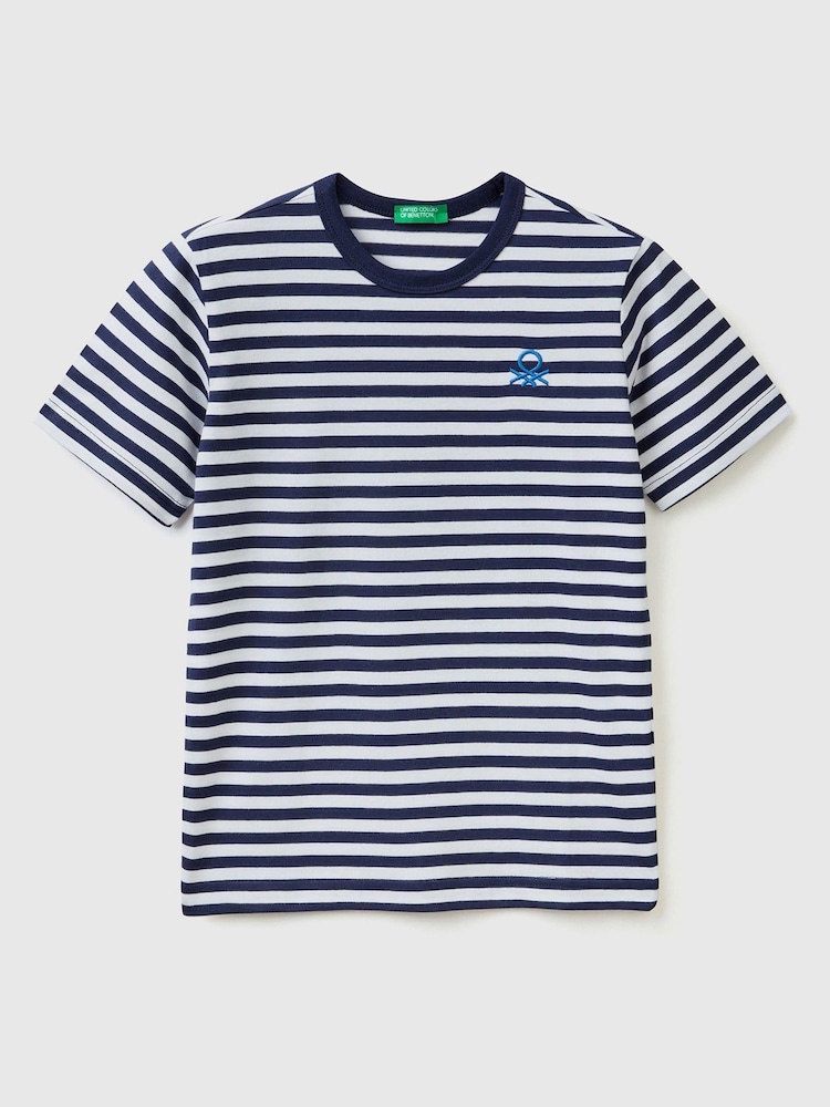 Benetton Boys Striped 100% Cotton Logo T-Shirt - Image 1 of 2