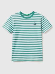 Benetton Boys Striped 100% Cotton Logo T-Shirt - Image 1 of 4