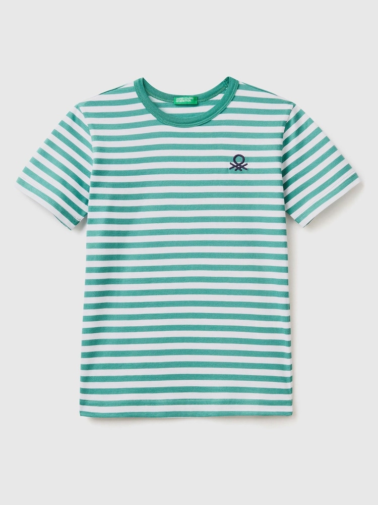 Benetton Boys Striped 100% Cotton Logo T-Shirt - Image 1 of 4