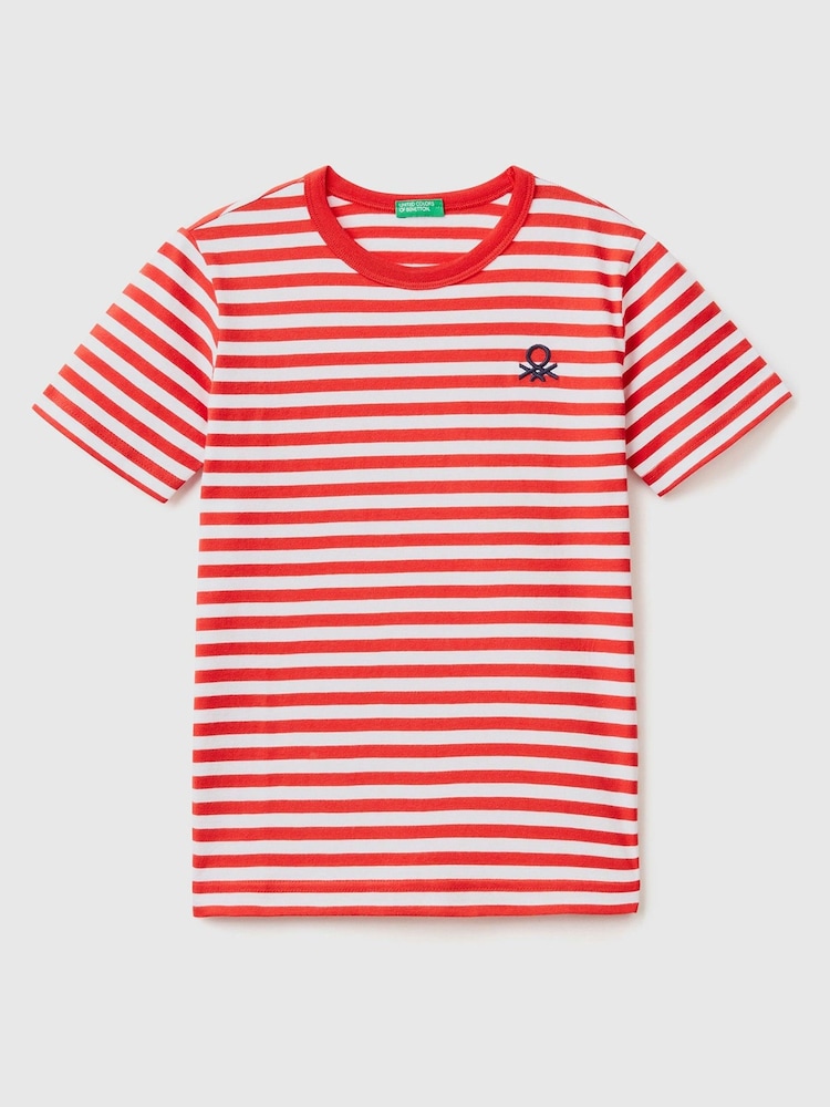 Benetton Boys Striped 100% Cotton Logo T-Shirt - Image 1 of 4