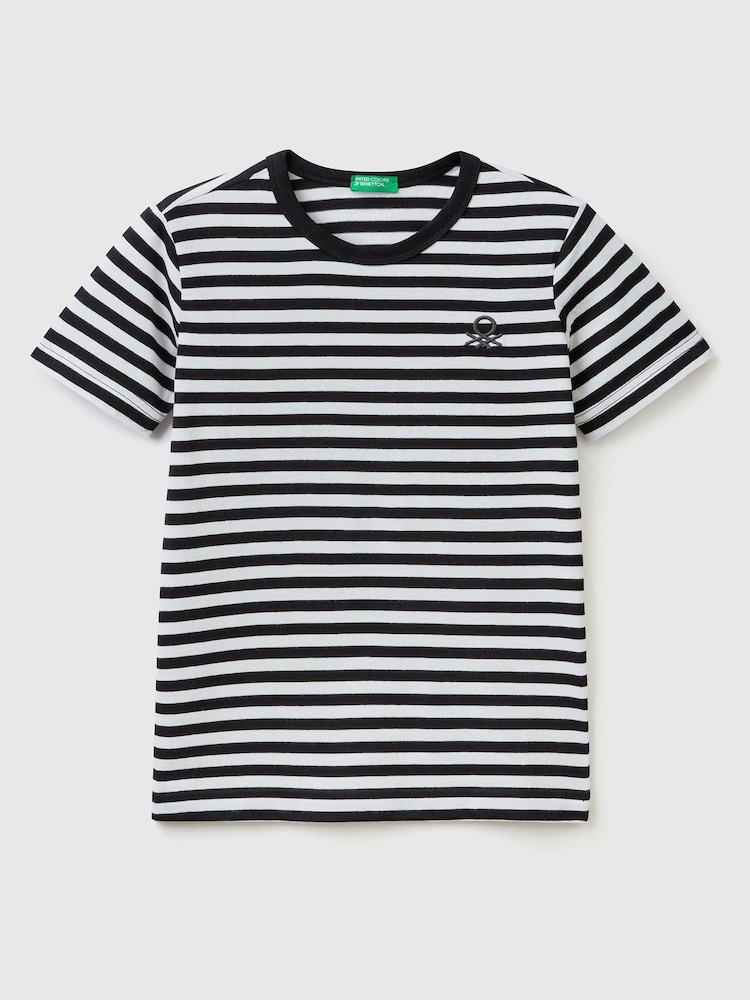Benetton Boys Striped 100% Cotton Logo T-Shirt - Image 1 of 2