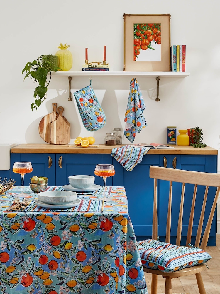 Matthew Williamson Blue Citrus Grove Cotton Linen Blend Table Cloth - Image 1 of 3