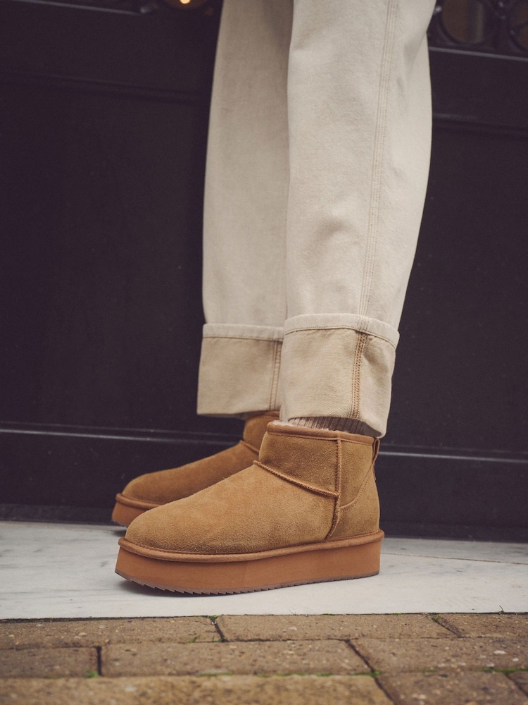 Chestnut Brown Shower Repellent Suede Faux Fur Lined Platform Boots - Image 1 of 8