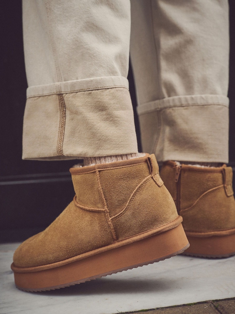Chestnut Brown Shower Repellent Suede Faux Fur Lined Platform Boots - Image 2 of 8