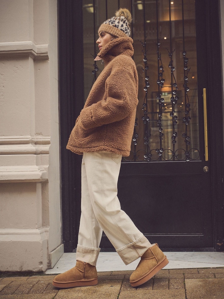Chestnut Brown - Shower Repellent Suede Faux Fur Lined Platform Boots - Image 3 of 8