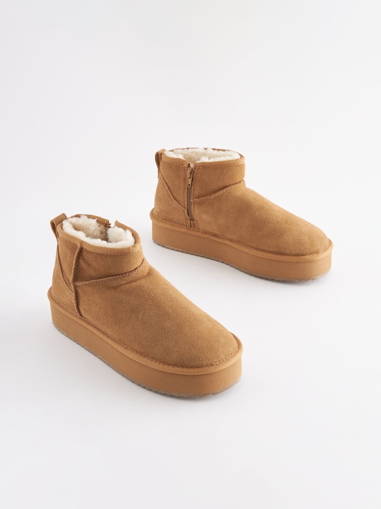 Chestnut Brown - Shower Repellent Suede Faux Fur Lined Platform Boots - Image 4 of 8