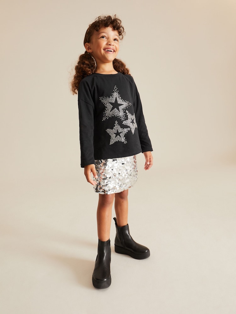 Black Sequin Heart 100% Cotton Long Sleeve T-Shirt (3-16yrs) - Image 2 of 9 Black Sequin Heart 100% Cotton Long Sleeve T-Shirt (3-16yrs) - Image 2 of 9