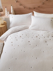 Cream Teddy Borg Fleece Embroidered Star Duvet Cover and Pillowcase Set - Image 1 of 5