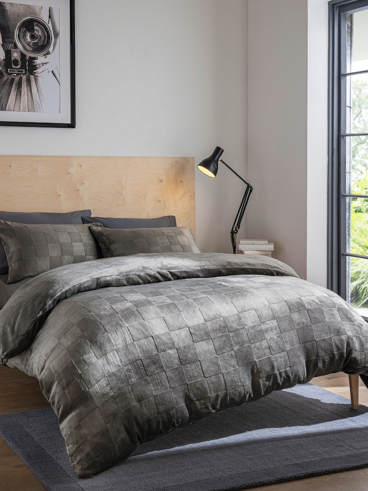 Grey Checkerboard Embossed Fleece Duvet Cover and Pillowcase Set - Image 1 of 5 Grey Checkerboard Embossed Fleece Duvet Cover and Pillowcase Set - Image 1 of 5