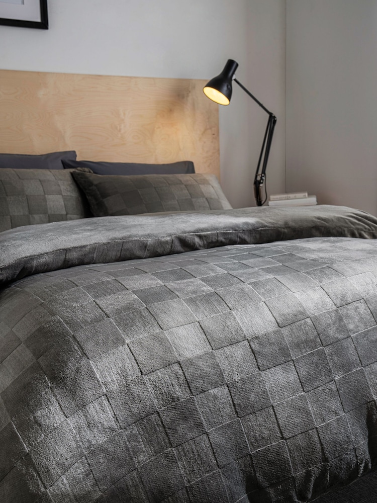 Grey Checkerboard Embossed Fleece Duvet Cover and Pillowcase Set - Image 2 of 5 Grey Checkerboard Embossed Fleece Duvet Cover and Pillowcase Set - Image 2 of 5