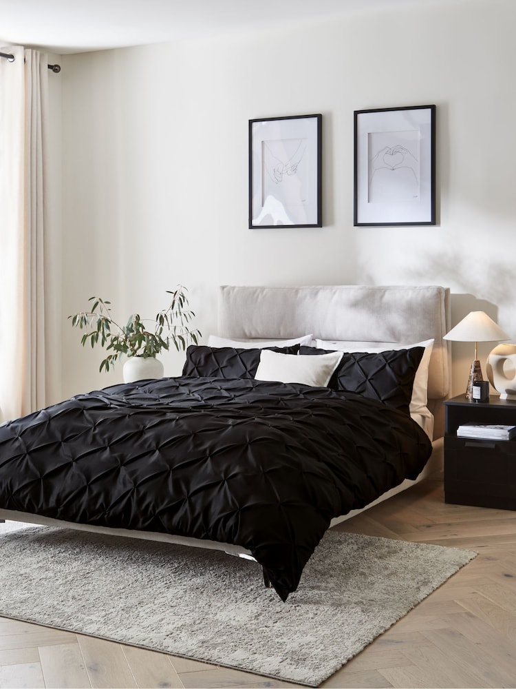 Black Pinch Pleat Soft Touch Brushed Duvet Cover & Pillowcase Set - Image 1 of 4