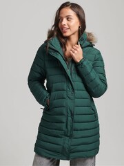 Superdry Dark Green Faux Fur Hooded Mid Length Puffer Jacket - Image 1 of 3