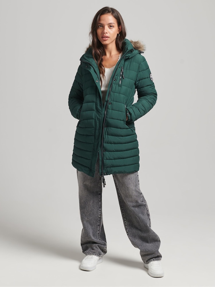 Superdry Dark Green Faux Fur Hooded Mid Length Puffer Jacket - Image 2 of 3