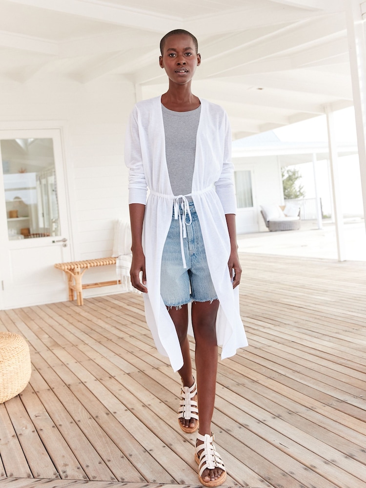 White Sheer Longline Tie Waist Cardigan - Image 2 of 6