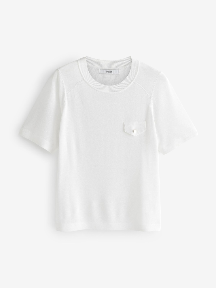 White Utility Pocket Detail Knitted Linen T-Shirt - Image 4 of 4