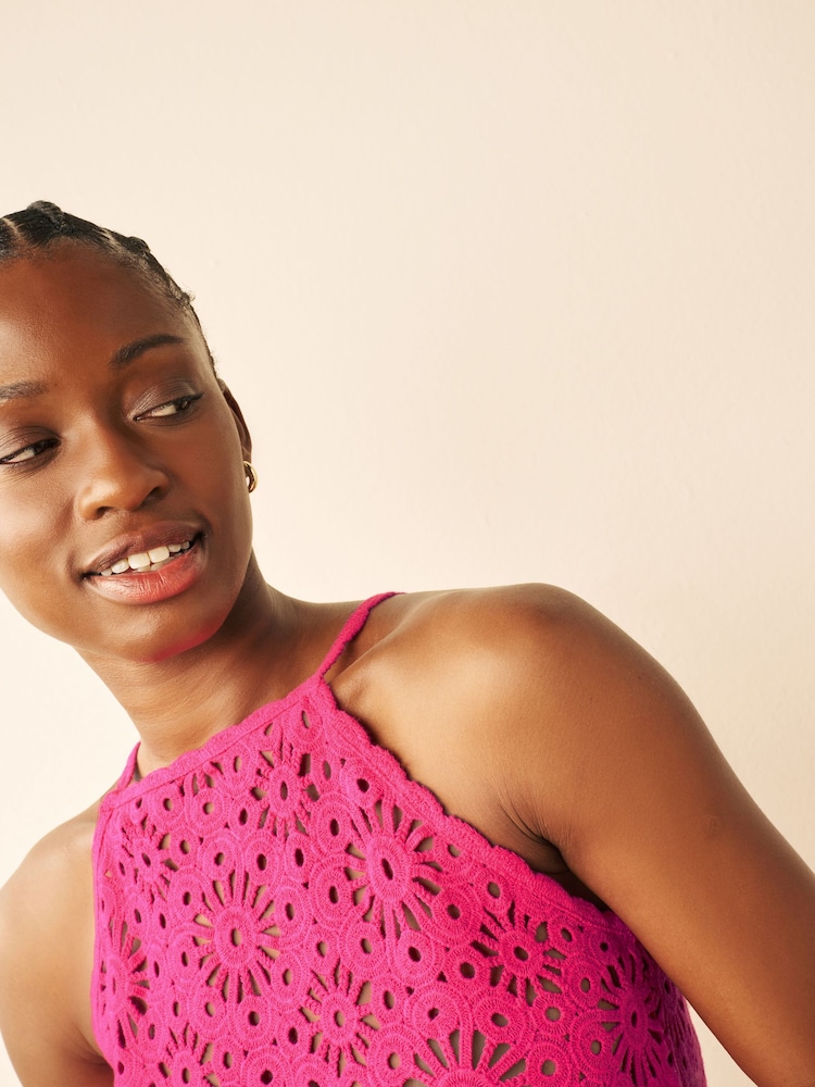 Bright Pink Cotton Crochet Flower Halter-Neck Vest - Image 4 of 6