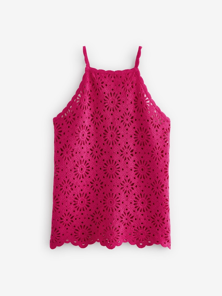 Bright Pink Cotton Crochet Flower Halter-Neck Vest - Image 5 of 6