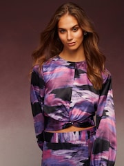 Purple Tie dye Print Knot Front Long Sleeve Satin Top - Image 1 of 5