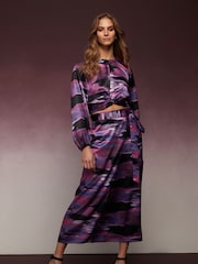 Purple Tie dye Print Knot Front Long Sleeve Satin Top - Image 2 of 5