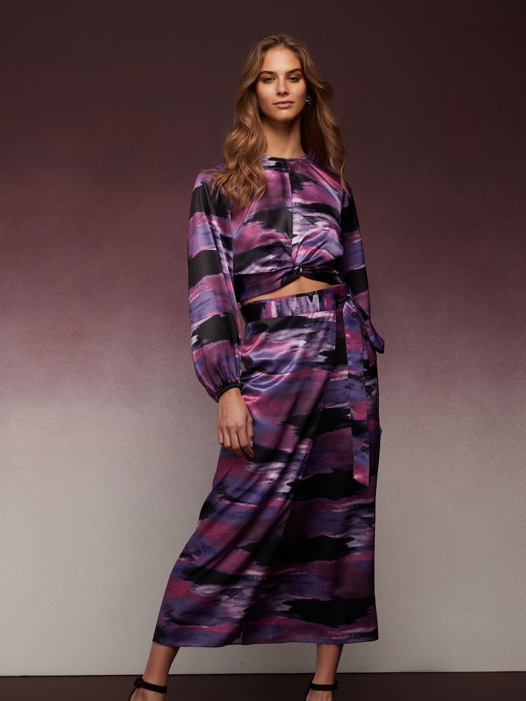 Purple Tie dye Print Knot Front Long Sleeve Satin Top - Image 2 of 5