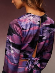 Purple Tie dye Print Knot Front Long Sleeve Satin Top - Image 3 of 5