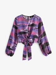 Purple Tie dye Print Knot Front Long Sleeve Satin Top - Image 5 of 5