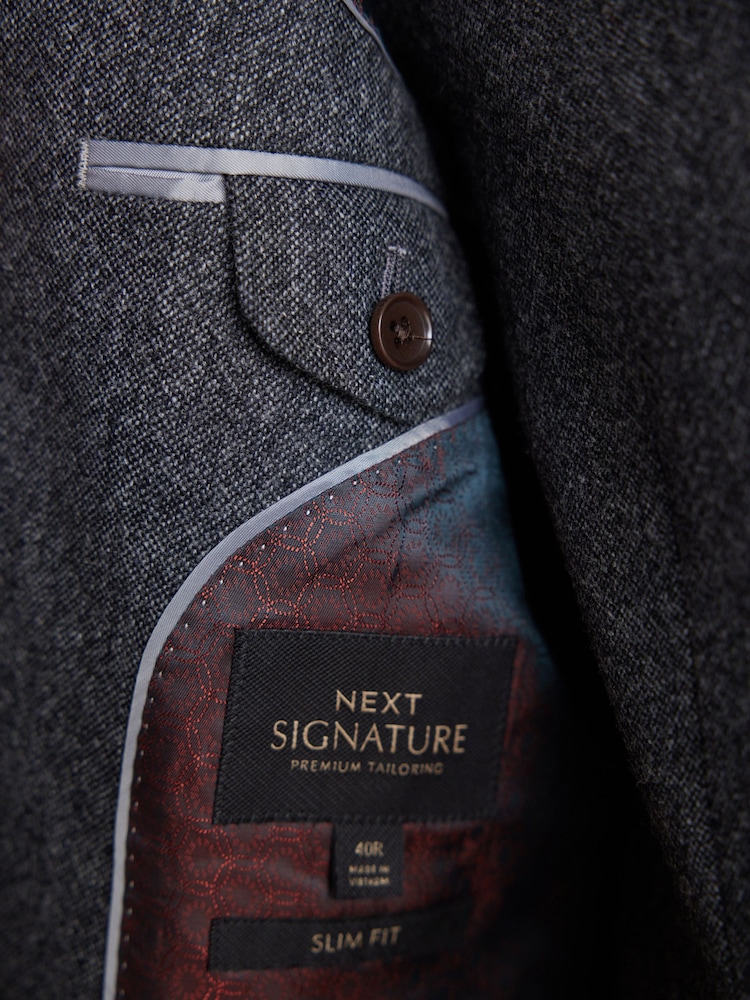 Charcoal Grey Slim Fit Signature Moons British Fabric Textured Suit Jacket - Image 5 of 11