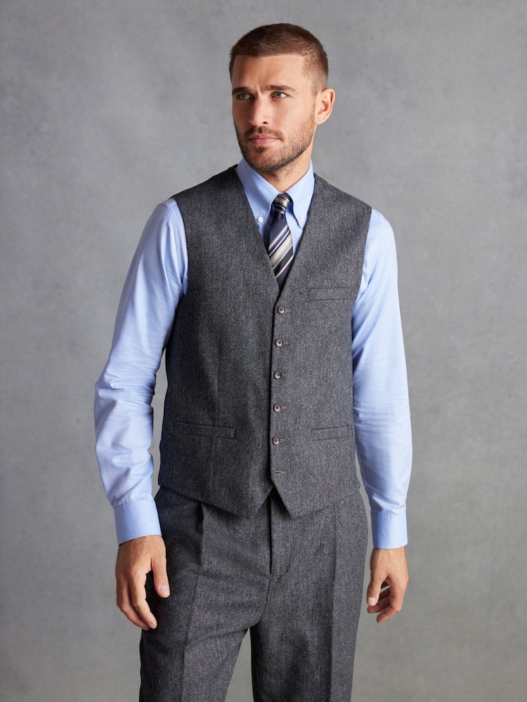Charcoal Grey Regular Fit Signature Moons British Fabric Textured Waistcoat - Image 1 of 11