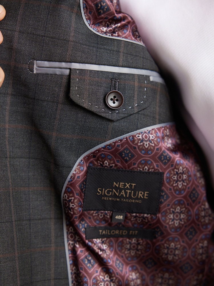 Green Tailored Fit Signature Empire Mills British Fabric Check Suit Jacket - Image 5 of 11