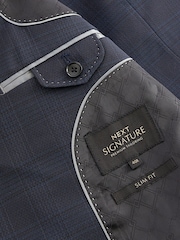 Mornarica - Signature Zignone Italijanski Fabric karirast; s karirastim vzorcem v standardnem kroju moška obleka jakna; suknjič - Slika 10 iz 12