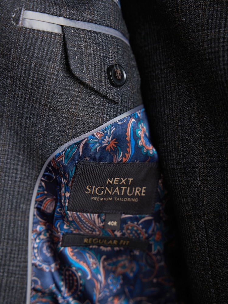 Charcoal Grey Regular Fit Signature TG Di Fabio Italian Fabric Check Suit Jacket - Image 11 of 11