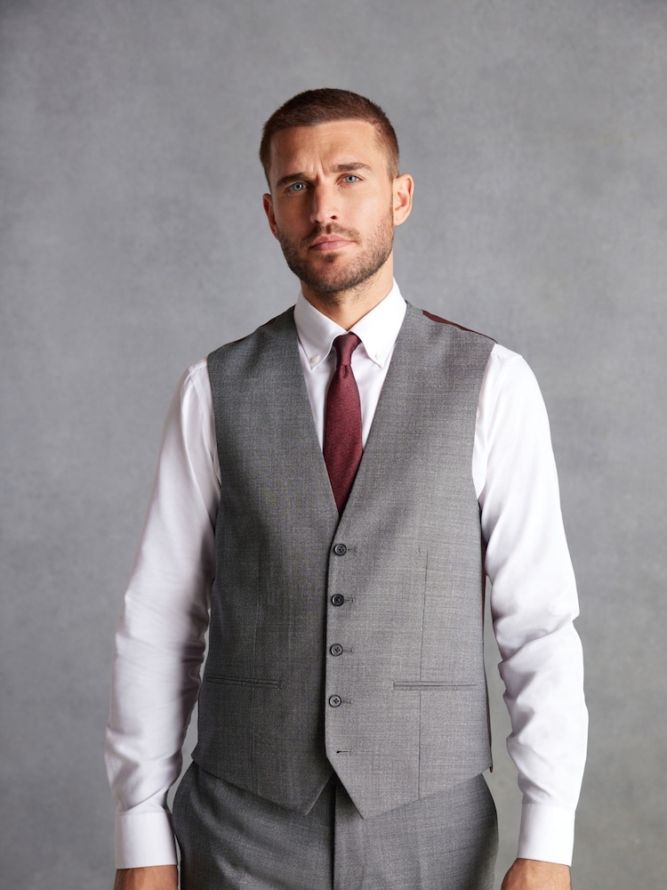 Grey Slim Fit Signature Marzotto Italian Fabric Textured Waistcoat - Image 1 of 12