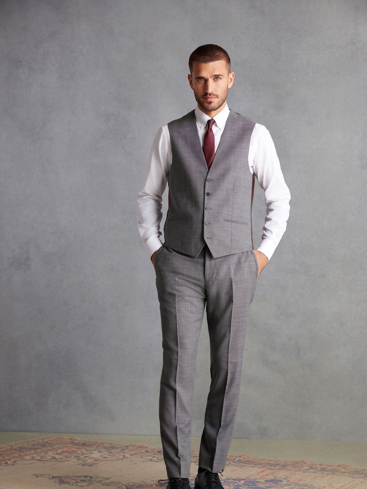 Grey Slim Fit Signature Marzotto Italian Fabric Textured Waistcoat - Image 2 of 12
