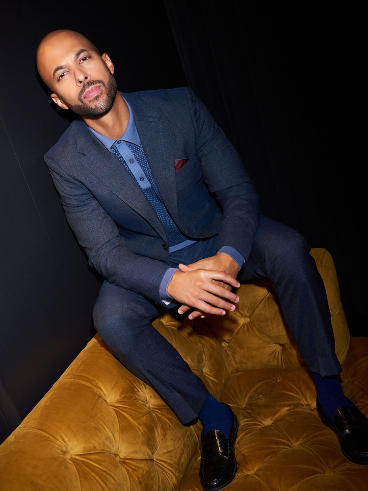 Navy Slim Fit Signature Marzotto Italian Fabric Textured Suit Jacket - Image 1 of 8