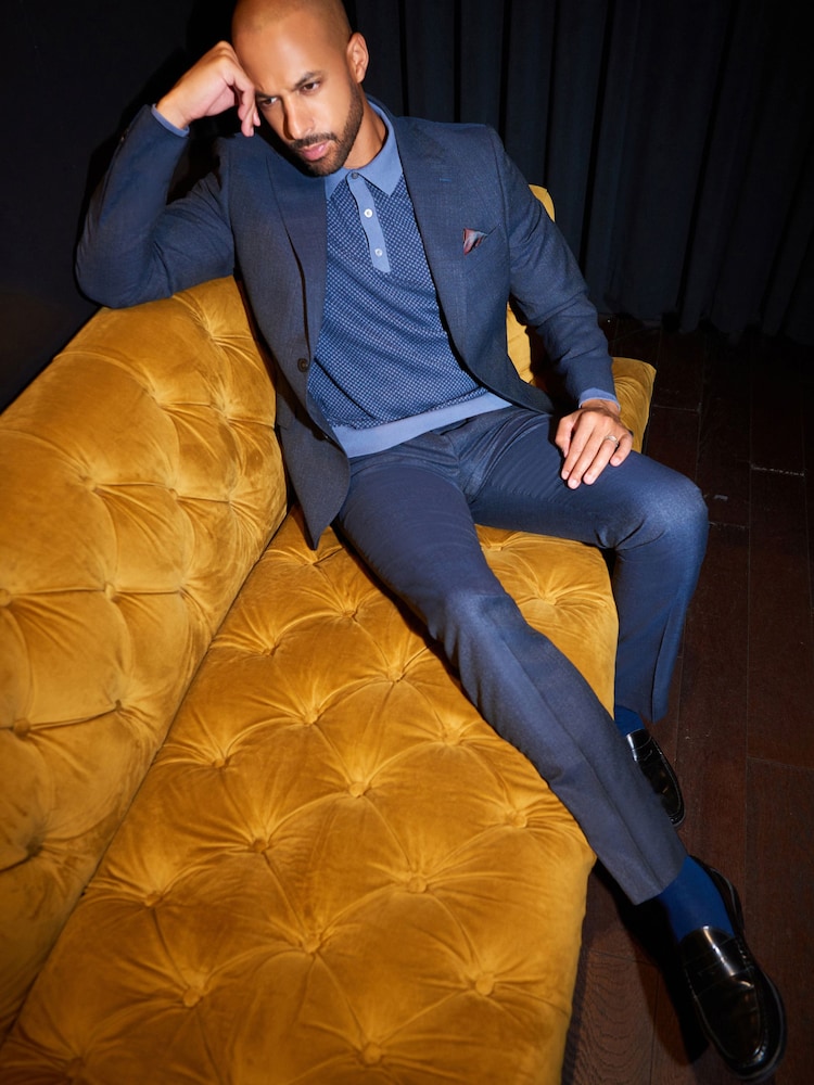 Navy Slim Fit Signature Marzotto Italian Fabric Textured Suit Jacket - Image 2 of 8