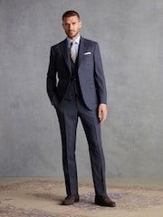 Navy Slim Fit Signature Marzotto Italian Fabric Textured Suit: Trousers - Image 3 of 11
