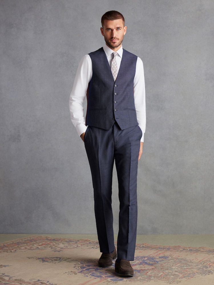 Navy Slim Fit Signature Marzotto Italian Fabric Textured Waistcoat - Image 2 of 11