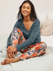 Laura Ashley Blue Dahlia Print Cardigan and Trouser Pyjamas Set - Image 1 of 4