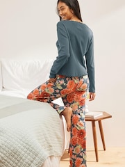 Laura Ashley Blue Dahlia Print Cardigan and Trouser Pyjamas Set - Image 2 of 4