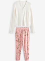 Laura Ashley Pink Mountney Garden Print Cardigan and Trouser Pyjamas Set - Image 1 of 8