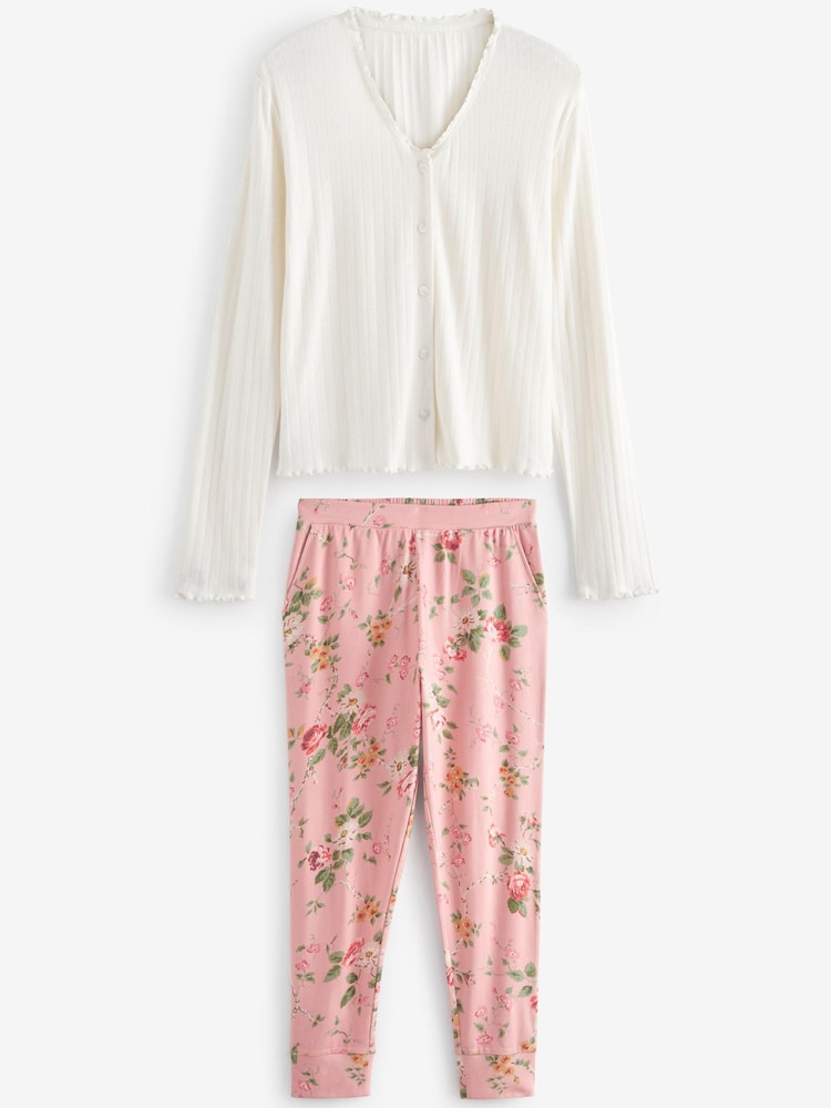 Laura Ashley Pink Mountney Garden Print Cardigan and Trouser Pyjamas Set - Image 1 of 8
