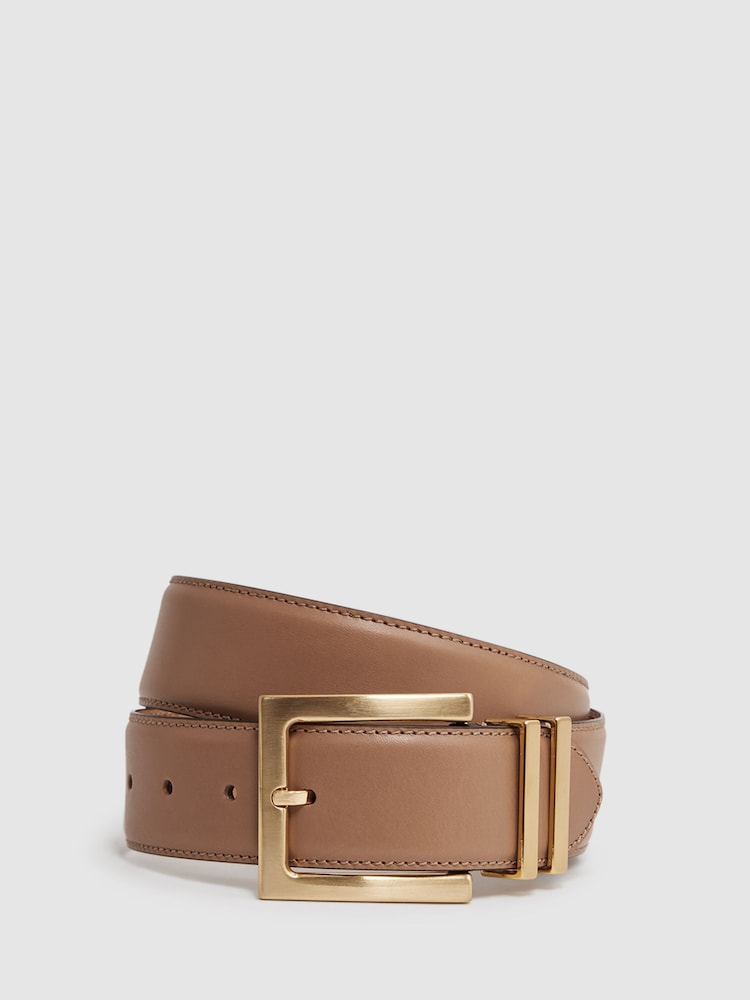 Reiss Camel/Taupe Brompton Leather Square Buckle Belt - Image 1 of 4