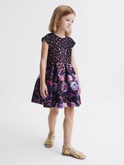 Reiss Purple Serafina 4-9 yrs Scuba Floral Printed Dress - Image 1 of 5
