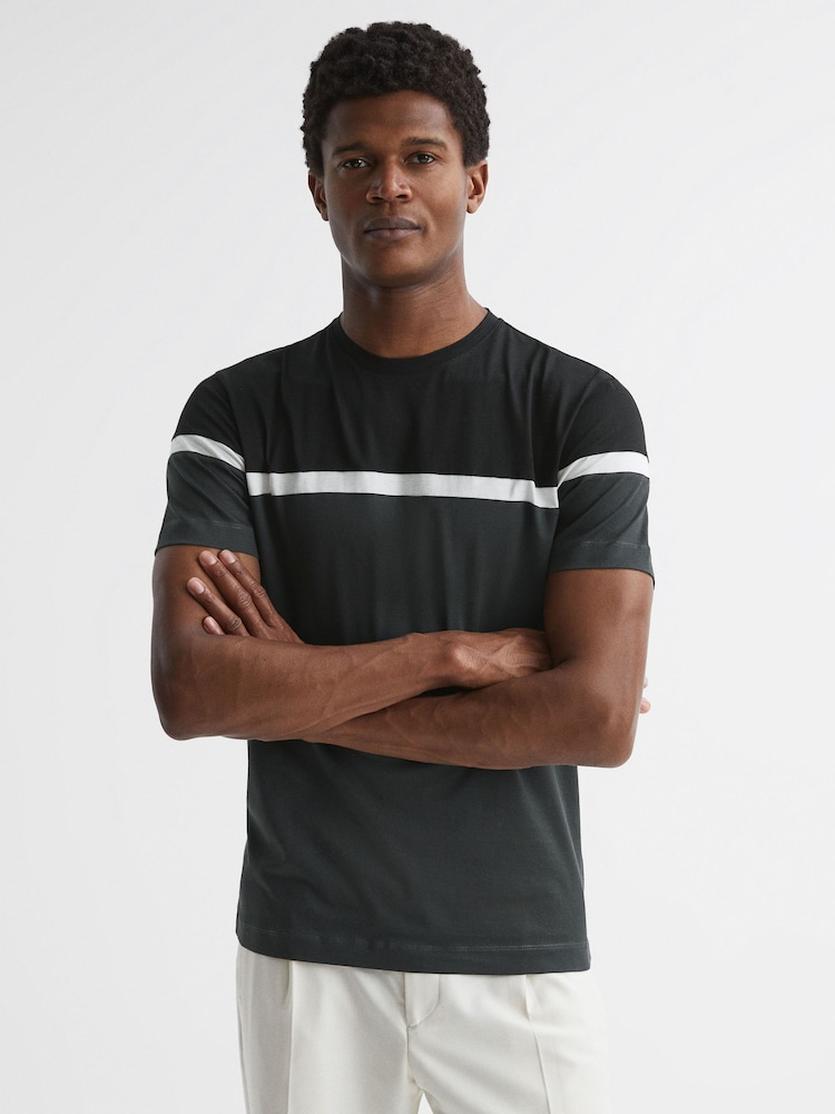 Reiss Black/Charcoal Max Mercerised Cotton Colourblock T-Shirt - Image 1 of 6